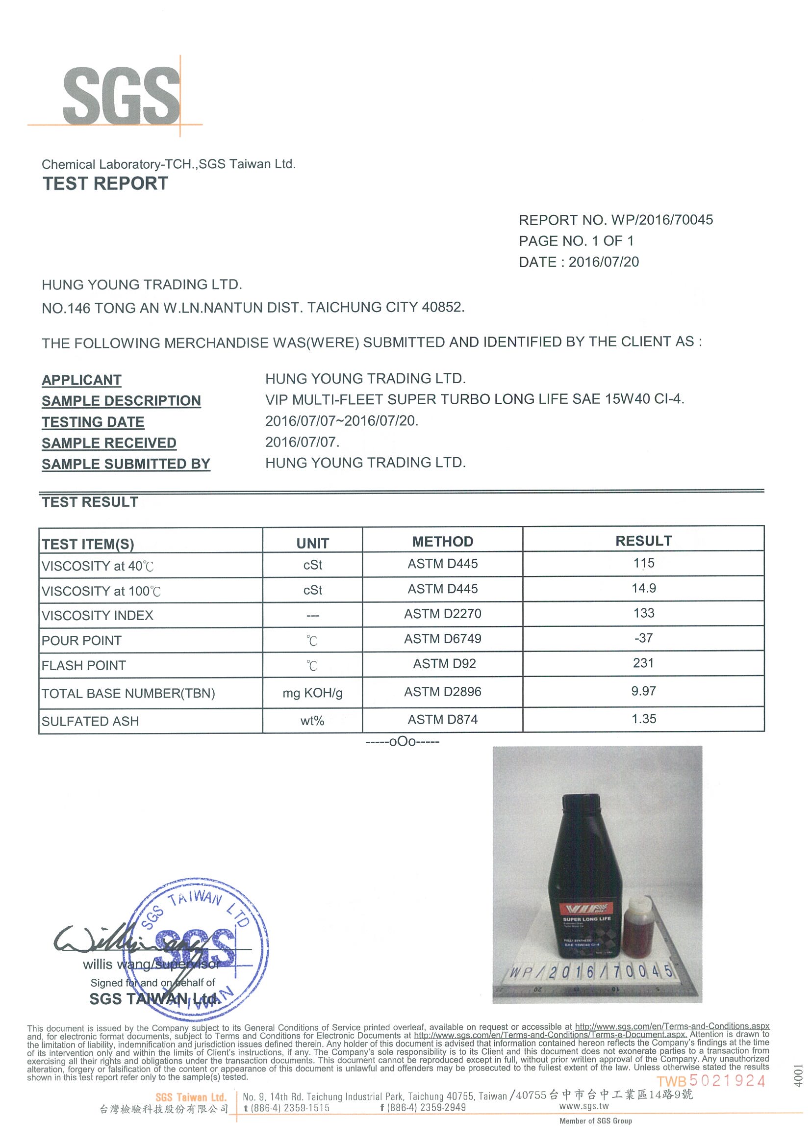 SGS report 15W40CI4